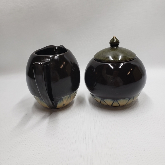 Tannex Stoneware Creamer Sugar Bowl Brown Green Tan - Picture 3 of 12